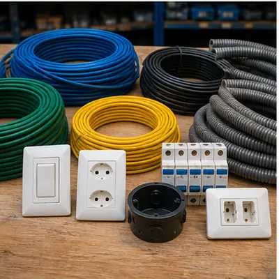 Fios, conduítes, tomadas, interruptores e complementos